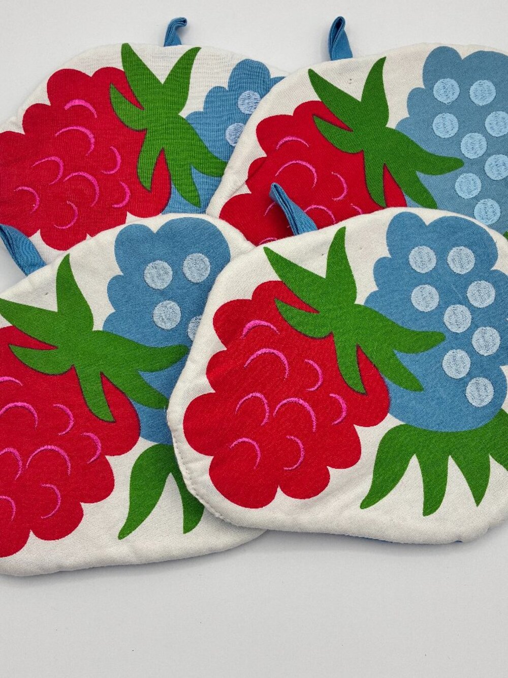 Vintage Berry Pot Holders Set of 4 Handmade Quilted Embroidered Kitchen Oven
